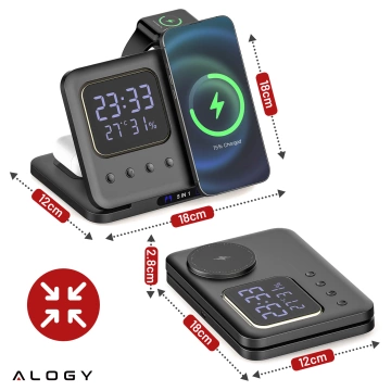 WIRELESS FAST CHARGING STATION 5-in-1 LED CLOCK 15W USB-C to MagSafe for Apple iPhone Watch AirPods with clock and hygrometer Black