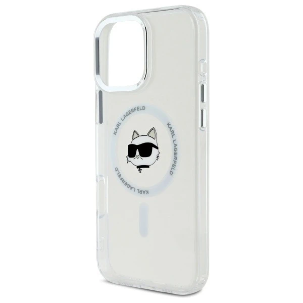 Karl Lagerfeld Hülle für iPhone 16 Pro Max 6,9" Weißes MagSafe Hardcase IML Metall Choupette Head