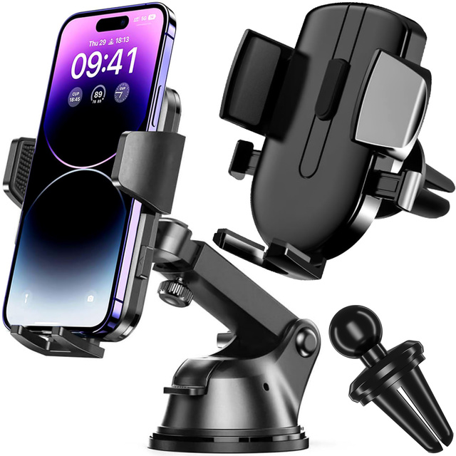 Uchwyt samochodowy do telefonu 2w1 Alogy na szybę do kratki na deskę rozdzielczą Czarny + Kabel USB-C 2.4A 1m