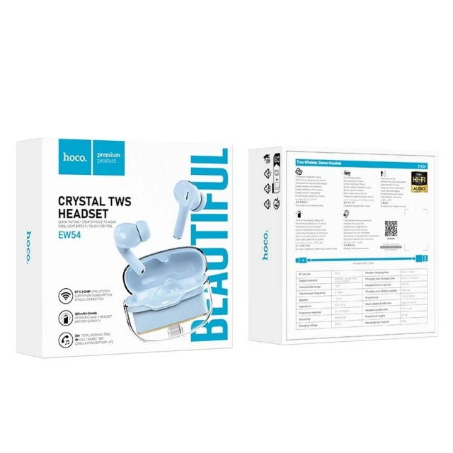 Bezdrôtové Bluetooth slúchadlá HOCO EW54 TWS – modré s nabíjacím puzdrom