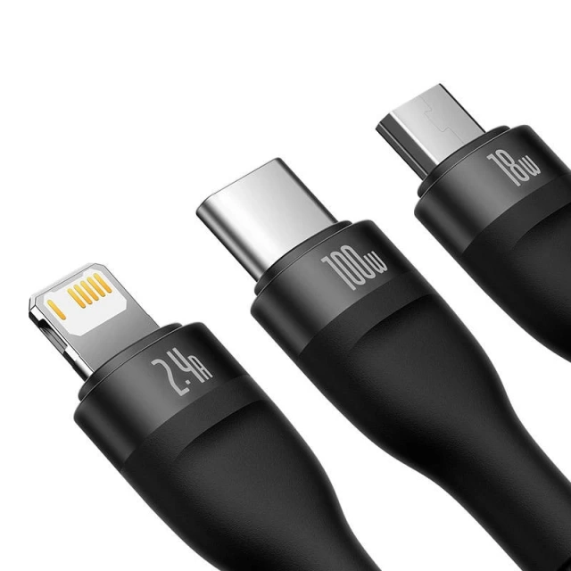 Kabel USB 3w1 Baseus Flash Series, USB-C micro USB Lightning, 100W, 1,2m (černý)