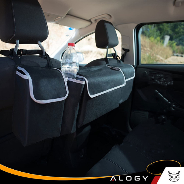 Auto-Organizer, Tasche für den Kofferraum des Autos, großer Kofferraum für den Sitz mit Klettverschluss, Alogy Black, 2x Kopfstützenhalterung