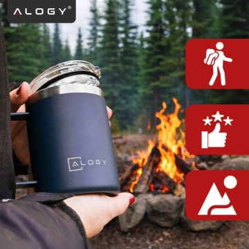 Thermobecher 420 ml mit Griffdeckel für Kaffee, Tee, kalte und warme Getränke aus Stahl, Alogy, Marineblau