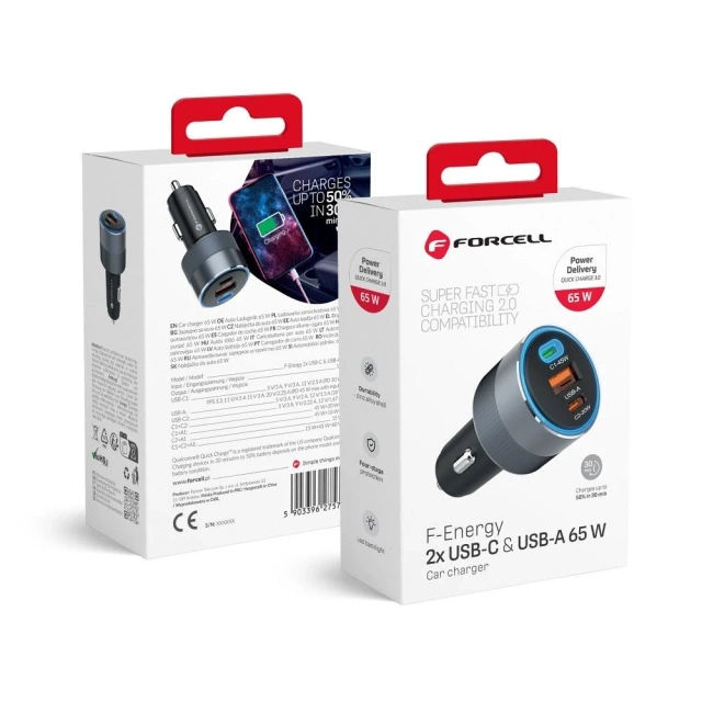 Ładowarka samochodowa Forcell 65W 2xUSB-C + USB-A Szybkie Ładowanie