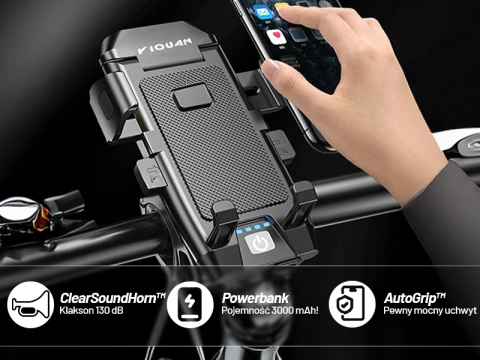 Držák telefonu na kolo 4v1 LED světlo T6 Přední Bell Bike Horn Powerbanka 3000mAh černá