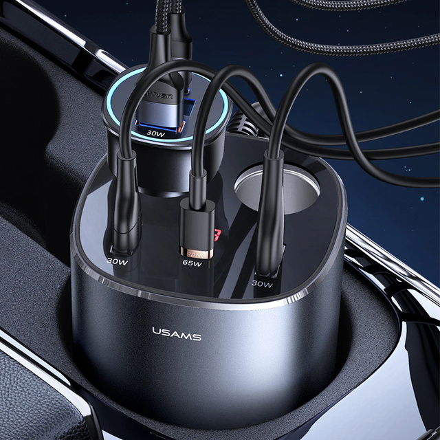 USAMS rozbočovač zásuvky do zapalovače nabíječka do auta 2x USB 1x USB-C 245W šedá