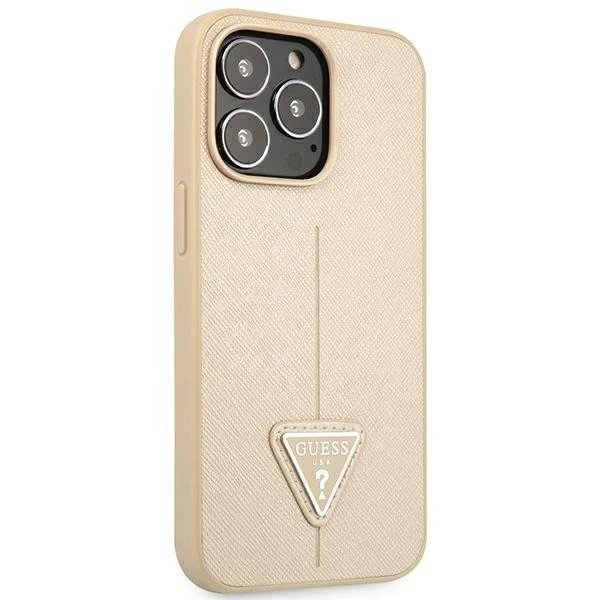 Etui Guess GUHCP14LPSATLE do Apple iPhone 14 Pro 6,1" béžové/béžové pevné puzdro SaffianoTriangle Logo