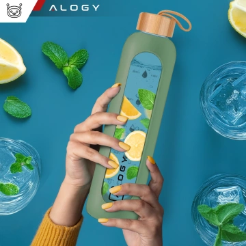 Große Glasflasche, Trinkflasche Alogy Motivational Messbecher 1l 1000ml, Silikonhülle Olive