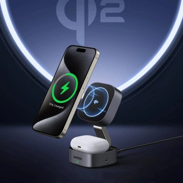 Nabíječka Ugreen W702 3v1 MagSafe Qi2 15W skládací USB-C černá