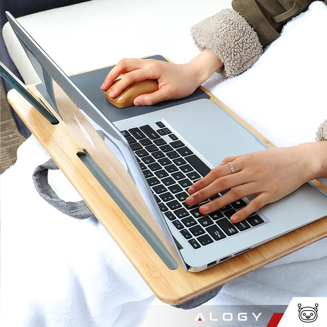 Stojan na stůl na notebook, držák na telefon, tablet, bambusová podložka pod myš Alogy, podložka na kolena do postele
