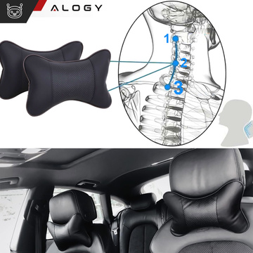 Profiled car neck pillow for the headrest of the car, comfortable soft eco-leather Alogy Black