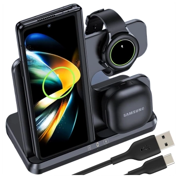 Wireless Inductive Charger 3in1 Qi 3.0 Fast for Samsung S22 S23 S24 Galaxy Watch Buds Station black