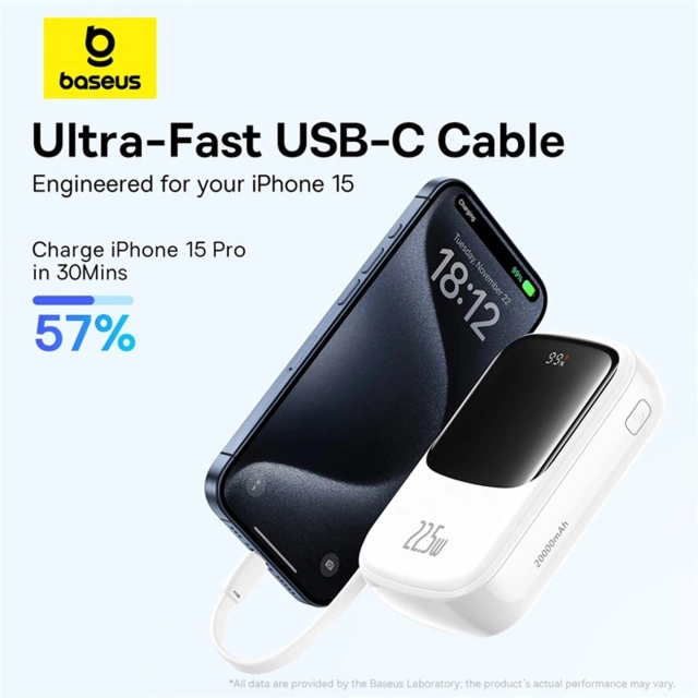 Powerbanka Baseus Qpow Pro 20000mAh 22,5W s vestavěným USB-C kabelem a displejem – bílá