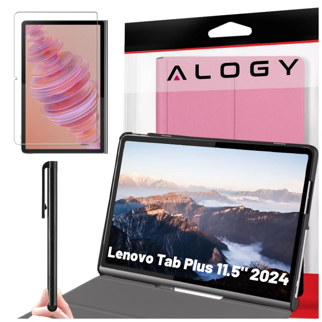 Ochranné sklenené puzdro pre Lenovo Tab Plus 11,5" 2024 TB351FU, puzdro Alogy Book Cover, puzdro na tablet, ružové, stylus zadarmo