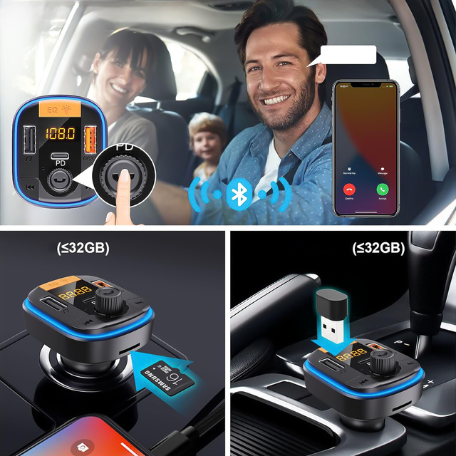 Bluetooth 5.0 FM vysílač do auta Rychlá nabíječka 43W 2x USB QC 3.0 USB-C PD Micro SD Yesido do auta černá