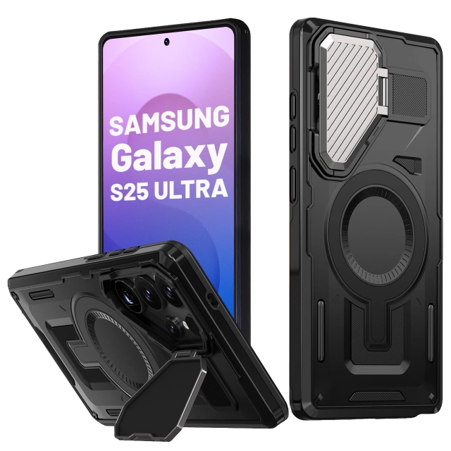 Etui do Samsung Galaxy S25 Ultra Case do MagSafe Wzmocniona Pancerna ochrona obiektywów z funkcją podstawki obudowa ochronna na telefon Alogy HeavyDuty Mag™️Czarne
