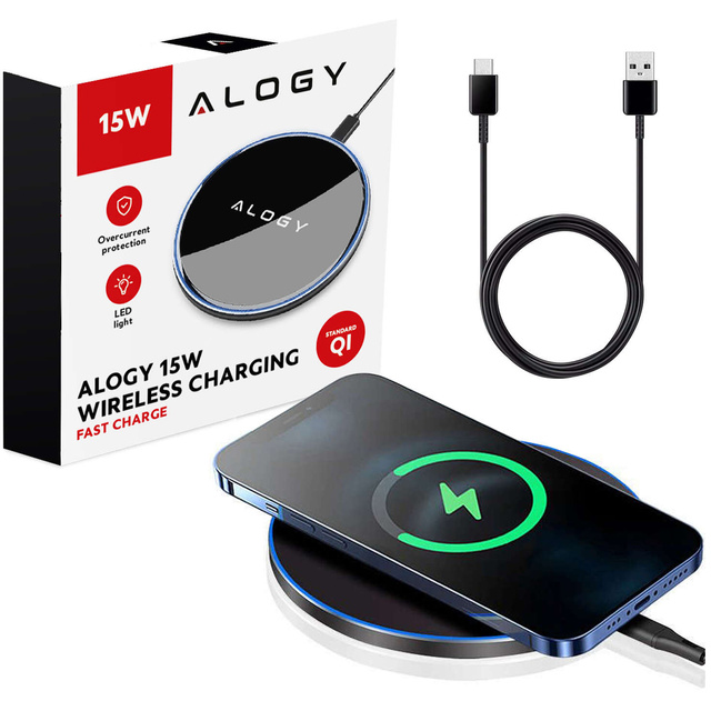 QI wireless inductive charger 15W fast LED Alogy round for iPhone USB-C cable Black