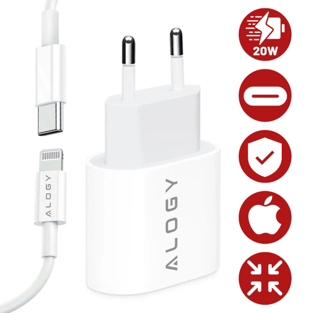 Alogy wall charger fast USB-C PD 20W Lightning cable 1m White