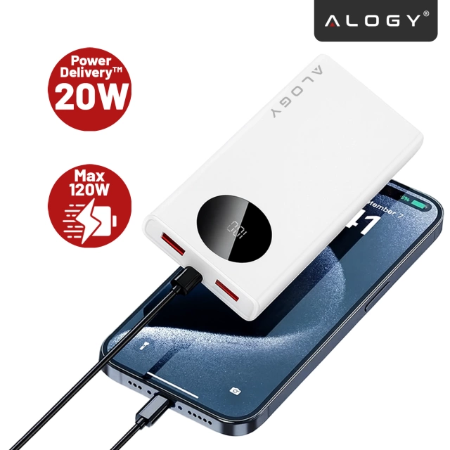 PowerBank Alogy TurboCharge 120W PD PowerDelivery rychlé nabíjení 10000mAh 2x USB-A 1x USB-C Bílá