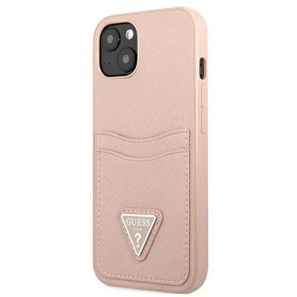 Etui Guess GUHCP13SPSATPP do Apple iPhone 13 Mini 5,4" ružové/ružové pevné puzdro SaffianoTriangle Logo Cardslot