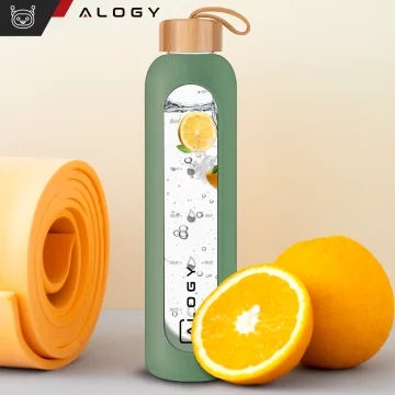 Large glass bottle water bottle drinking drinks Alogy Motivational measuring cup 1l 1000ml silicone case Olive