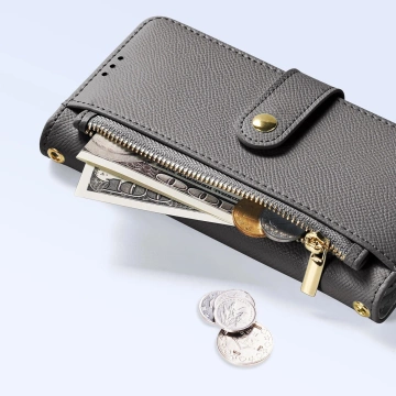 Kožený kryt Dux Ducis Lawa s peněženkou MagSafe pro iPhone 16 Pro, šedý