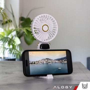 Ручний настільний вентилятор Alogy, бездротовий, портативний, стоячи з підставкою для телефону, білий