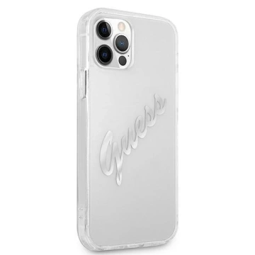 Guess GUHCP12MKTRSVSI iPhone 12/12 Pro 6,1" průhledný pevný obal Vintage Script Silver