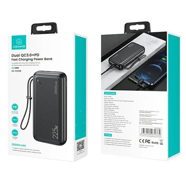 USAMS Powerbank PB60 20000mAh 22,5W 2xQC3.0 PD Fast Charge černá/černá 20KCD16801 (US-CD168)