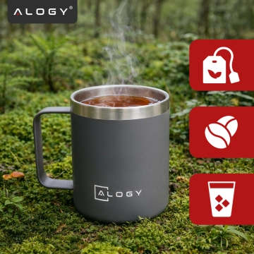 Termohrnček 420 ml s uškom a vrchnákom na kávu, čaj, oceľ, studené a teplé nápoje Alogy Grey