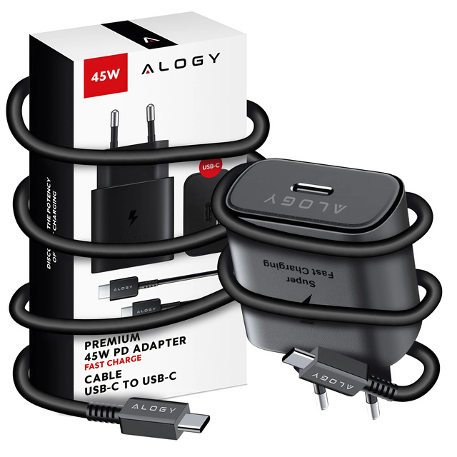 Ładowarka sieciowa USB-C typ C PD Premium szybka 45W 3A + Kabel Type-C 1M Alogy czarna