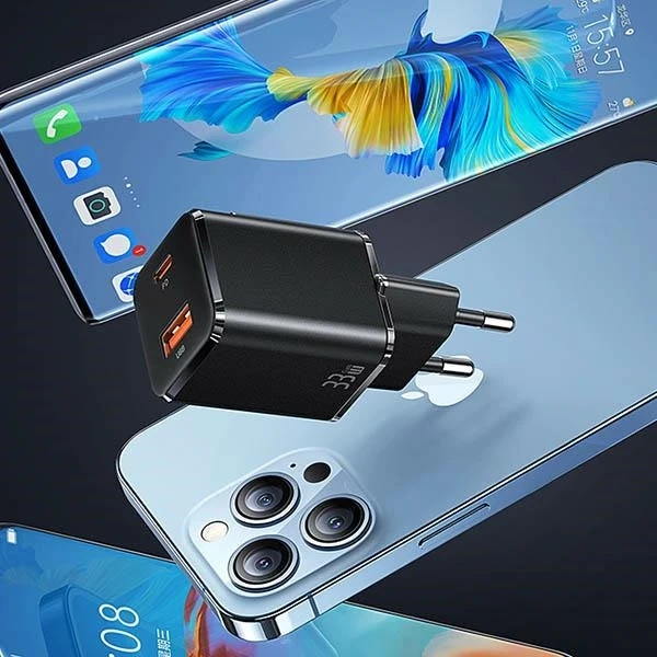 USAMS Nástěnná nabíječka 1xUSB-C 1xUSB T43 33W PD3.0 QC3.0 kabel U63 USB-C na bleskově černá/černá USKTZ01