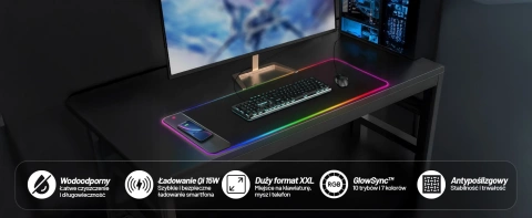 Alogy QiGlow Pro Desk Pad with RGB LED Lighting for Mouse, Keyboard, and Qi Charger for Phones. Anti-slip Protective Gaming Mat XL 80x30 cm Black.