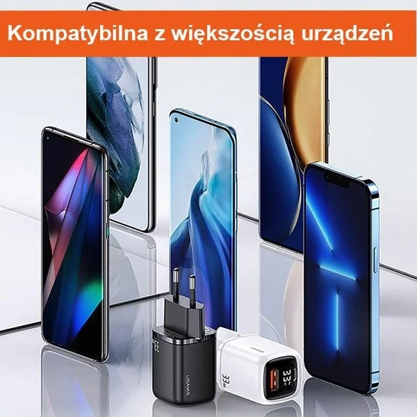 USAMS Nástenná nabíjačka 1xUSB-C 1xUSB T46 33W PD3.0 QC3.0 Kábel rýchleho nabíjania U63 USB-C/Lightning čierna/čierna UDTZ01