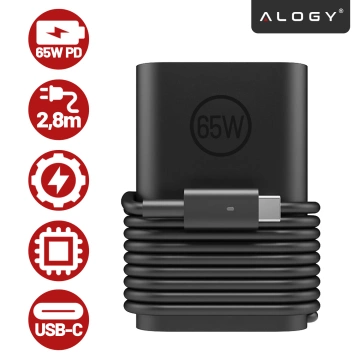 Zasilacz USB-C 65W PD do Laptopów HP Lenovo Asus Apple, Szybkie Ładowanie 20V 3.25A, Długi Kabel 2.8m, Kompaktowy i Wydajny, Alogy PowerBoost™ – Czarny