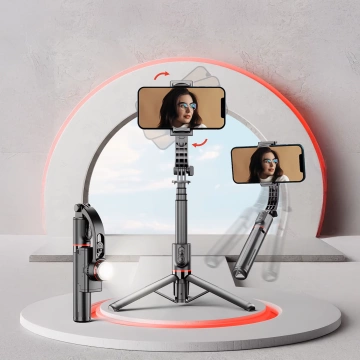 Stable Gimbal Tripod with Bluetooth Remote Control Selfie Stick LED Lamp 360° Rotating Lighting 70cm Techsuit L19s Black