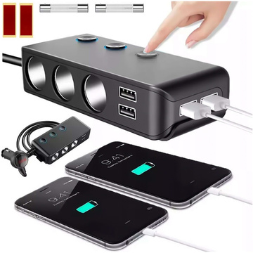 Rozbočovač zásuvky zapaľovača x3 do auta 4x USB QC 12-24V Nabíjačka Adaptér prepínač 120W Alogy Black