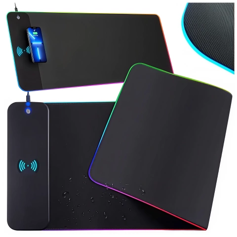 Herní podložka Alogy QiGlow Pro s RGB LED osvětlením pro myš, klávesnici a Qi nabíječku pro telefony. Protiskluzová ochranná herní podložka XL 80x30 cm černá.