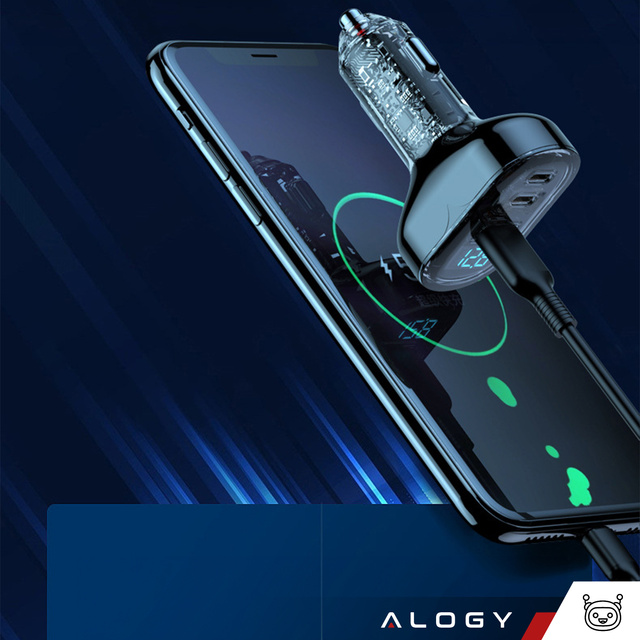 Ładowarka samochodowa 2x USB-C C PD 36W + USB QC 3.0 LED szybka do telefonu mocna 72W Alogy czarna