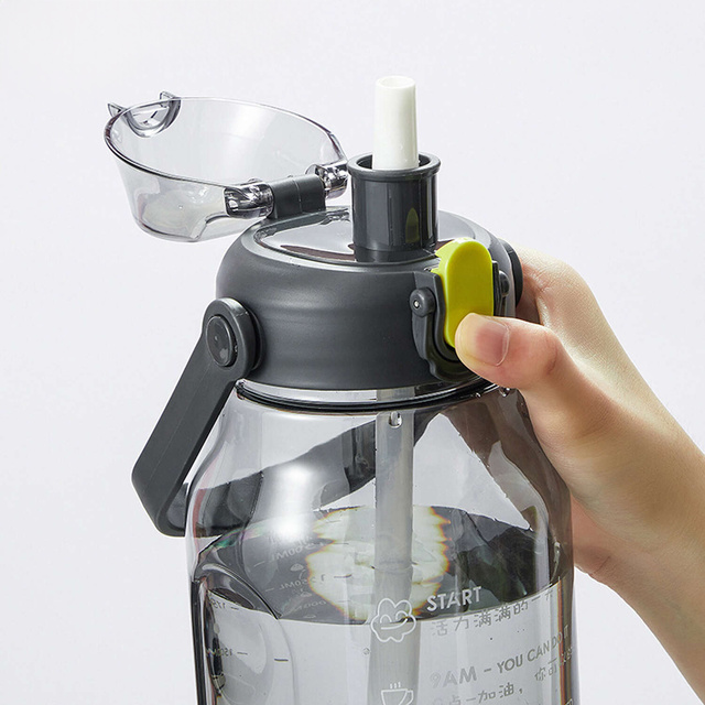 Motivational drinking water bottle with a straw, 1.5l, reminder, motivational measuring cup, handle, black