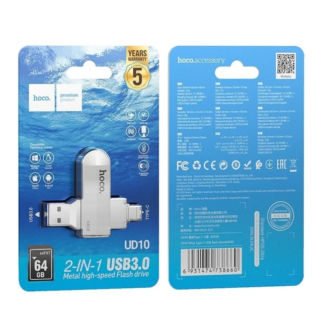 HOCO USB A Type-C USB kľúč UD10 64GB USB 3.0 otočný, široká kompatibilita