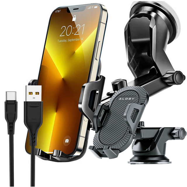 Alogy 3in1 Car Phone Holder for Window Window for Dashboard Grille Cockpit Black USB-C Cable 2.4A 1m