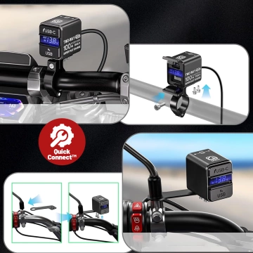 Nabíječka na motocykl Kewig, univerzální hliníková 100W, obousměrná s voltmetrem, rychlé nabíjení USB-A a USB-C, chytrá a vodotěsná - černá