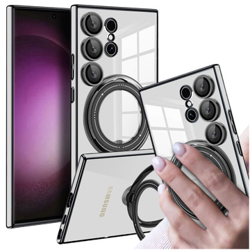 Puzdro pre Samsung Galaxy S24 Ultra magnetické puzdro Ring Mag Bezpečný priehľadný držiak Magnet Alogy Čierny Transparentná Qi nabíjačka