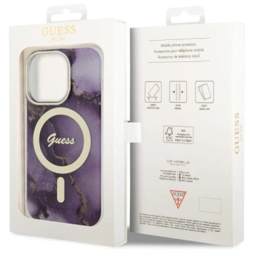 Postaveno na telefonu Guess GUHMP14LHTMRSU pro Apple iPhone 14 Pro 6,1" fialové/fialové pevné pouzdro Golden Marble MagSafe