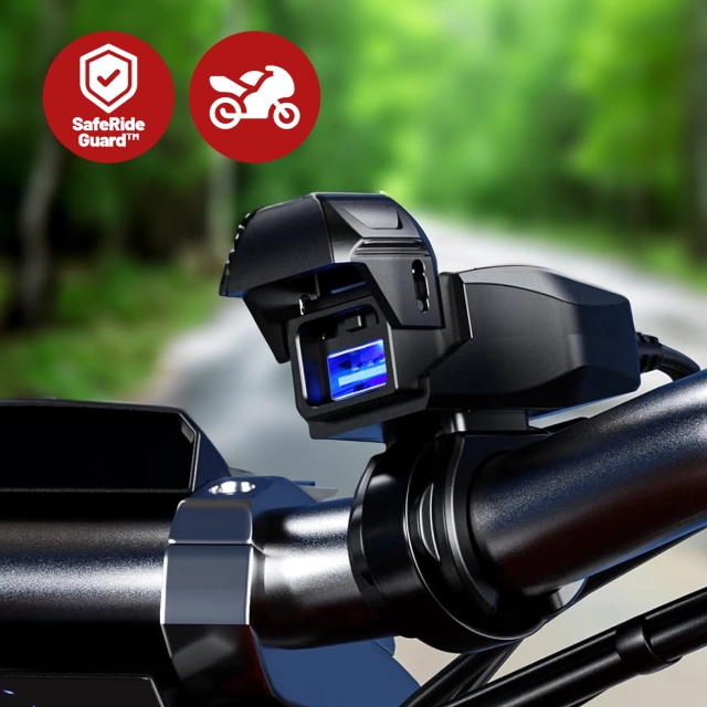 Motocyklová nabíječka Kewig USB-A 18W, rychlé nabíjení QC, vodotěsná IP65 s vypínačem a LED podsvícením, upevnění na řídítka, pro telefon, kameru, interkom – černá