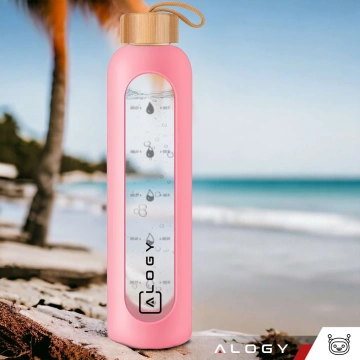 Alogy Large Glass Bottle Drinking Bottle Motivational Measuring Cup 1l 1000ml Silicone Case Pink