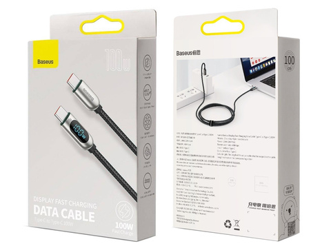 1m Kábel Baseus Kábel USB-C typu C s PD 5A 100W Čierny merač prúdu