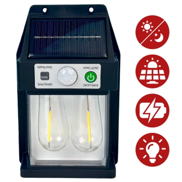 Lampa Solarna elewacyjna Kinkiet LED 60 na ścianę domu ogrodowa Barwa Ciepła 2 żarówki Czarna