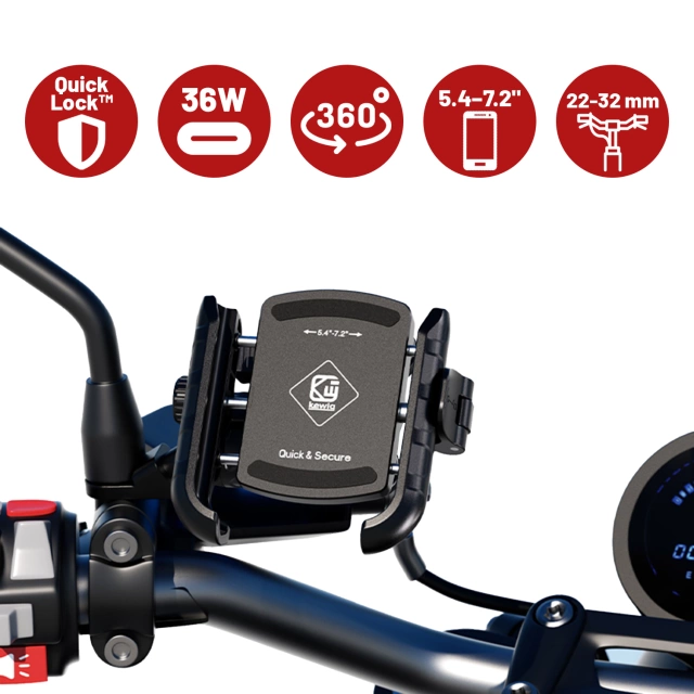 Uchwyt Motocyklowy na Telefon z Szybkim Ładowaniem 36W USB-C PD Kewig do Kierownicy i Lusterka, Rotacja 360°, Kompatybilny z Telefonami 5.4–7" - Czarny